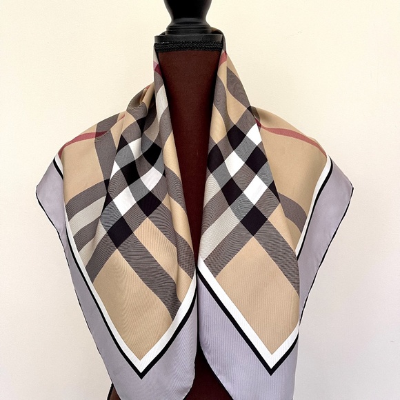 Display # 3 Burberry Scarf Classic Beige Check Gray Border Silk Wrap - Picture 4 of 15